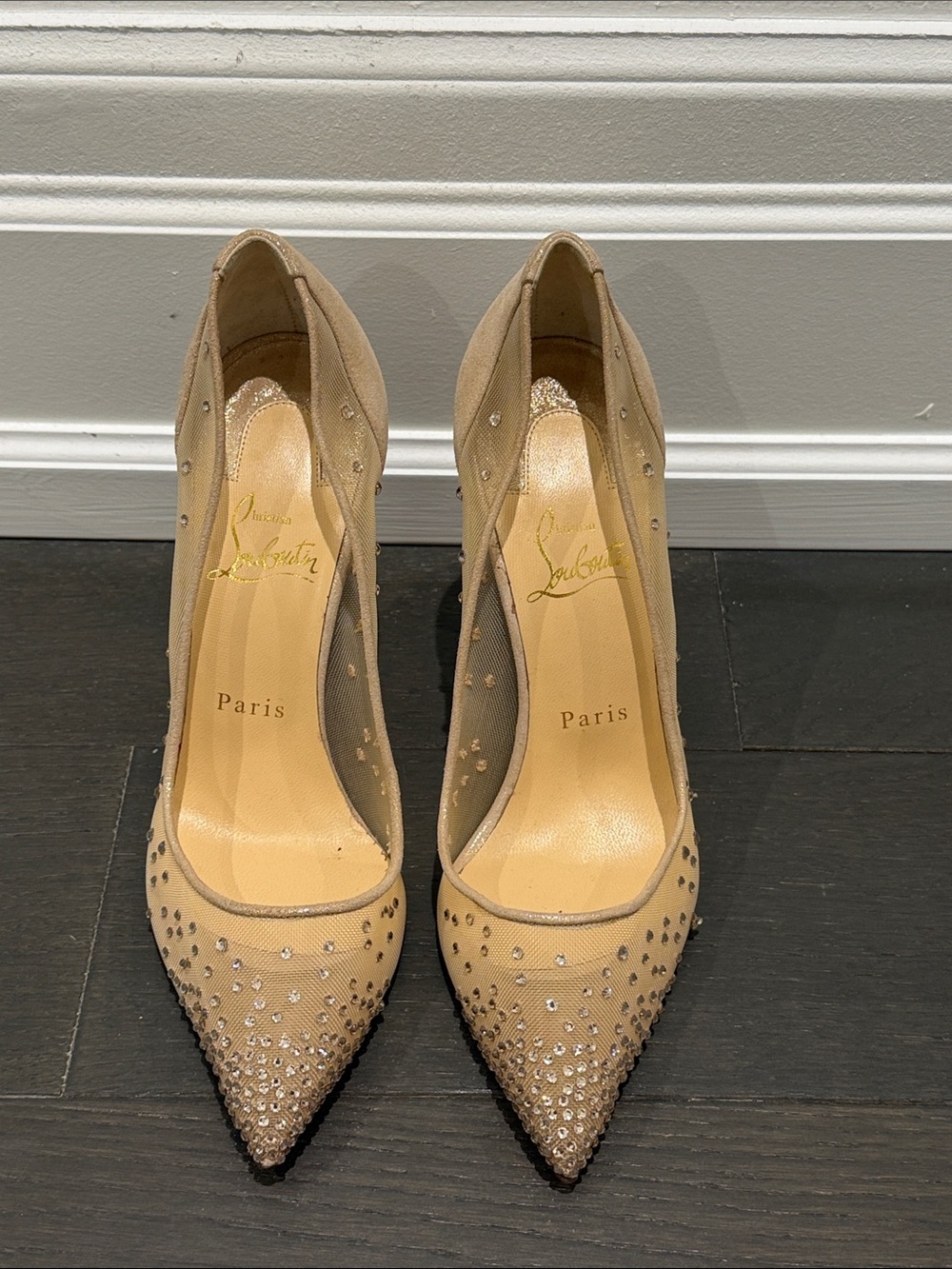 Christian Louboutin Beige Nude Crystal-Studded Pointed Toe Pumps